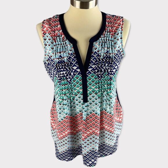 DR2 Womens Small Top Blouse Blue Pink Chevron Print Sleeveless - Picture 1 of 10